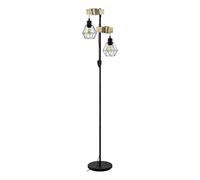 Eglo Lampadaire Townshend 5, lampe de sol pour salon avec 2 abat-jour au design industriel, luminaire sur pied en acier noir et bois naturel, E27, avec interrupteur
