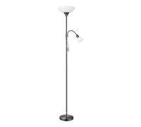 Eglo Lampadaire Up 2, lampe sur pied 2 flammes en acier nickel nero et verre et plastique blanc, lampe de salon avec interrupteur, projecteur de plafond avec lampe de lecture, prise E27 + E14