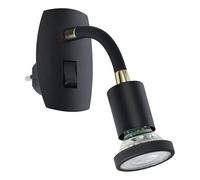 Eglo lampe à fiche Parrini, luminaire prise avec interrupteur, spot pivotant et bras flexible, métal plastique noir laiton, lumière blanc chaud
