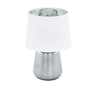 Eglo Lampe de chevet Manalba 1, lampe de table à poser en céramique argentée, abat-jour en tissu blanc et argenté, luminaire textile pour salon et chambre à coucher, E14