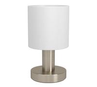 Eglo Lampe de table à poser Monetto, petit luminaire déco, éclairage pour salon et table de chevet, métal argenté avec abat-jour textile blanc, douille E14, H 18 cm