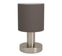 Eglo Lampe de table à poser Monetto, petit luminaire déco, éclairage pour salon et table de chevet, métal argenté avec abat-jour textile couleur cappuccino, douille E14, H 18 cm