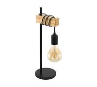 Eglo Lampe de table TOWNSHEND, lampe à poser à 2 flammes au design industriel, lampe rétro, lampe de chevet en acier et en bois, couleur : noir, marron, douille : E27, interrupteur inclus