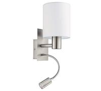 Eglo Lampe murale LED PASTERI, applique murale en textile à 2 flammes, matériau : acier, tissu, couleur : nickel mat, blanc, douille : E27, avec interrupteur et lampe de lecture flexible