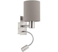 Eglo Lampe murale LED PASTERI, applique murale en textile à 2 flammes, matériau : acier, tissu, couleur : nickel mat, taupe, douille : E27, avec interrupteur et lampe de lecture flexible