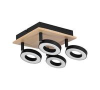 Eglo LED Plafonnier Rielves avec 4 spots, barre de spots orientable, projecteur pour plafond en bois marron et métal noir, certifié FSC, lumière blanc chaud, 17 x cm