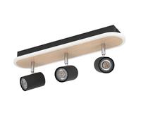 Eglo LED Plafonnier Rimbocchi, luminaire ovale avec 3 spots, barre pivotante, projecteur de plafond en métal noir et effet bois, lumière blanc chaud, L 34 cm