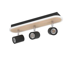 Eglo LED Plafonnier Rimbocchi, luminaire ovale avec 3 spots, barre pivotante, projecteur de plafond en métal noir et effet bois, lumière blanc chaud, L 34 cm