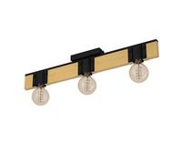 Eglo Luminaire plafonnier Bailrigg, spot plafond rectangulaire à 3 lampes, FSC100HB, éclairage pour salon et couloir, bois naturel et métal noir, douille E27