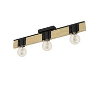 Eglo Luminaire plafonnier Bailrigg, spot plafond rectangulaire à 3 lampes, FSC100HB, éclairage pour salon et couloir, bois naturel et métal noir, douille E27