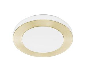 Eglo Luminaire plafonnier Capri, panneau LED en acier blanc et laiton | brossé, plastique blanc, lampe de plafond arrondie pour salle de bains et cuisine, blanc chaud, IP44