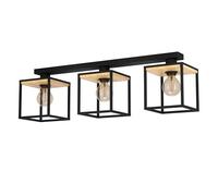 Eglo Luminaire plafonnier Libertad à 3 lampes, lampe de salon en métal noir et bois naturel, éclairage plafond, douille E27