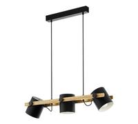 Eglo Lustre HORNWOOD, suspension vintage à 3 flammes au design industriel, lampe suspendue rétro en acier et en bois, noir, crème, marron, certifiée FSC, douille E27