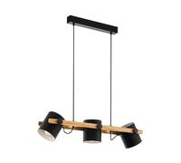 Eglo Lustre HORNWOOD, suspension vintage à 3 flammes au design industriel, lampe suspendue rétro en acier et en bois, couleur : noir, crème, marron, douille : E27