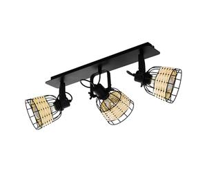 Eglo Plafonnier Anwick 1, lampe de plafond 3 flammes vintage, style bohème, spots en acier et rotin, lampe de salon noire et naturelle, lampe de cuisine, spots avec douille E27
