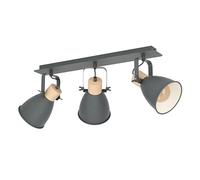 Eglo Plafonnier Coswarth, luminaire vintage à trois lampes, spots de plafond de style industriel en acier et bois, anthracite, crème et blanc, naturel, avec douilles E27