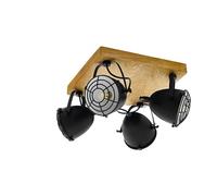 Eglo plafonnier Gatebeck, lampe de plafond 4 flammes vintage, industrielle | rétro, spot de plafond en acier noir et bois naturel, lampe salon, lampe cuisine avec douille E14