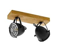 Eglo Plafonnier Gatebeck, luminaire à deux lumières de style vintage, industriel et rétro, en acier noir et bois naturel, lampe de salon, douille E14