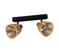 Eglo Plafonnier Keelby, 2 spots orientables, lampe de plafond bohème pour salon et chambre, luminaire en acier noir, papier raphia naturel, douille E14