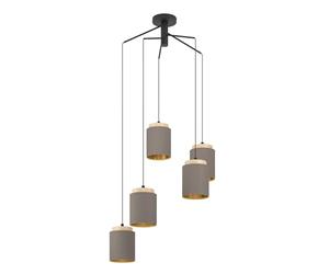 Eglo Suspension Albariza, lampe suspendue vintage 5 flammes, suspension en acier, bois et textile en noir, naturel, cappuccino, or, lampe de table à manger, lampe de salon suspendue avec douille E27
