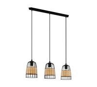 Eglo Suspension Anwick 3 Ampoules Vintage Boho Suspension en Acier et Rotin Lampe de Table de Salon Suspendu en Noir Naturel Douille E27
