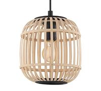 Eglo Suspension Bordesley - 1 Ampoule - Vintage - Nature - Boho - Hygge - en Acier Noir et Bois Naturel - Lampe de Salle à Manger - Lampe de Salon Suspendue avec Douille E27 - Ø 21 cm