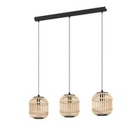 Eglo Suspension Bordesley à 3 Ampoules Vintage - Naturel - Boho - Hygge - en Acier Noir et Bois Naturel - Lampe de Salle à Manger - Lampe de Salon Suspendue avec Douille E27