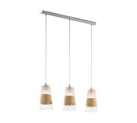 Eglo Suspension Burnham, lampe suspendue 3 flammes vintage, rétro, suspension en acier, verre et rotin nickel mat, blanc, naturel, lampe de table à manger, lampe de salon suspendue avec douille E27