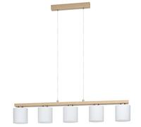 Eglo Suspension Castralvo, lampe suspendue 5 flammes, élégante, suspension en acier nickel mat, bois marron et textile blanc, lampe de table à manger, lampe de salon suspendue avec douille E27