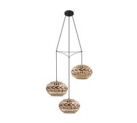 Eglo Suspension Dondarrion, 3 flammes, vintage scandinave boho, acier et bois, lampe à suspendre noir, naturel, bordeaux, douille E27, Ø 57 cm