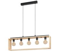Eglo Suspension Famborough 5 flammes vintage industrielle scandinave, acier noir et bois naturel, lampe à suspendre E27, pour salle à manger et salon