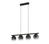 Eglo suspension Filago, lampe suspendue pour table à manger en verre fumé, 4 flammes, noir transparent, bois et métal noir, douille E27, L 88 cm