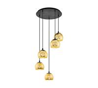 Eglo Suspension luminaire Alabraccin, lampe de plafond suspendue à 5 flammes, grappe de pendentifs, lustre salon ou salle à manger en métal noir et verre doré, douille E27, Ø 58,5 cm