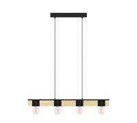 EGLO Suspension luminaire Amsfield 1, lustre à 4 lampes pour salon et salle à manger, FSC100HB, lampe de plafond suspendue en métal noir et bois brun, douille E27, L 90 cm