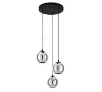 Eglo Suspension luminaire Ariscani, lampe de plafond suspendue à 3 flammes, grappe de pendentifs, lustre salle à manger en métal Noir et verre fumé Noir transparent, douille E27, Ø 42,5 cm