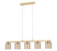 Eglo Suspension luminaire Castralvo, lampe de plafond suspendue à 5 flammes, lustre salon ou salle à manger en verre ambré et bois naturel, douille E27, 121 cm
