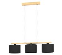 Eglo Suspension luminaire Castralvo, lustre à 3 lampes pour salon et salle à manger, lampe de plafond suspendue en bois naturel et tissu noir, FSCM70HB, douille E27