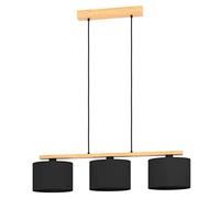 Eglo Suspension luminaire Castralvo, lustre à 3 lampes pour salon et salle à manger, lampe de plafond suspendue en bois naturel et tissu noir, FSCM70HB, douille E27