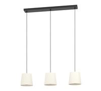 Eglo Suspension luminaire Febres, lampe de plafond suspendue à 3 abat-jour, lustre pour salle à manger en tissu bouclette, métal en noir et textile en blanc, douille E27, 88 cm
