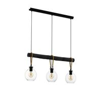 Eglo Suspension luminaire Roding, lustre chambre vintage à 3 flammes, plafonnier salon ou salle à manger en verre transparent, métal noir, bois et corde de chanvre, douille E27