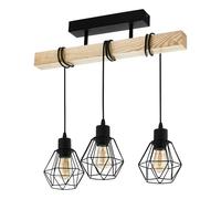 Eglo Suspension luminaire Townshend 5, lustre à 3 lampes, abat-jour suspendus au design vintage et industriel, éclairage rétro en acier noir et bois, douille E27