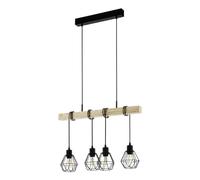 Eglo Suspension luminaire Townshend 5, lustre à 4 lampes, abat-jour suspendus au design vintage et industriel, éclairage rétro en acier noir et bois, certifié FSC, douille E27