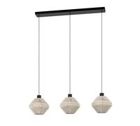 Eglo Suspension Midsumer, lampe suspendue 3 flammes au-dessus de la table à manger, luminaire pour salle manger style japonais, métal noir et textile crème, douille E27, Ø 38 cm