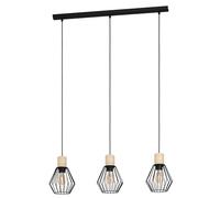 Eglo Suspension Palmorla, lampe suspendue 3 flammes vintage, industrielle, rétro, suspension en acier et bois noir et naturel, lampe de salle à manger, lampe de salon suspendue avec douille E27