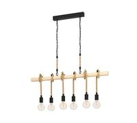 Eglo Suspension Youngstown, 6 flammes, vintage, industriel, rétro, acier, bois, corde naturelle, lampe à suspendre pour salle à manger et salon, noir, naturel, douille E27