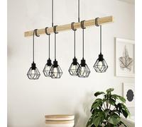 Eglo Suspension luminaire Townshend 5, lustre à 6 lampes au design vintage et industriel, abat-jour suspendus rétro en acier noir et en bois, certifié FSC, douille E27
