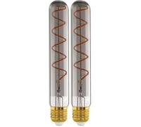 Eglo Tube LED E27 dimmable, ampoule filament vintage spirale, lampe à incandescence en forme de tige, verre fumé, 4 watts, 50 lumens, blanc chaud, 1700 Kelvin, T30, Ø 3 cm (Lot de 2)