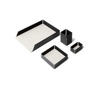 eglooh - Dafne - Set de Bureau Structure en Acier Noir Mat - Fond Interne en Cuir Véritable Blanc - 4 Pièces: Vide Poche, Pot à Crayon, Corbeille à Courrier, Porte-Cartes de Visite