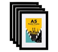 Egofine A5 Cadre Photo Set de 4 - Verre Véritable, Bois Composite pour Montage sur Table ou Mural, Noir