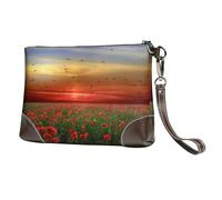 EgoMed Champ de Coquelicots Rouges au Coucher du Soleil imprimé,Sacs à Main en Cuir PU pour Femmes, Pochette à Fermeture éclair, Portefeuille, Sac à Main avec dragonne